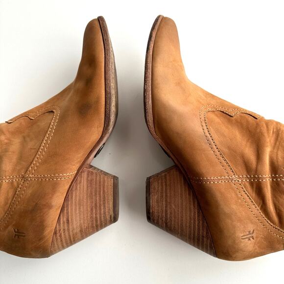 Frye Reina Cognac Nubuck Side Zip Stack Wood Heel Cowboy Western Ankle Boots 10 - Picture 4 of 12